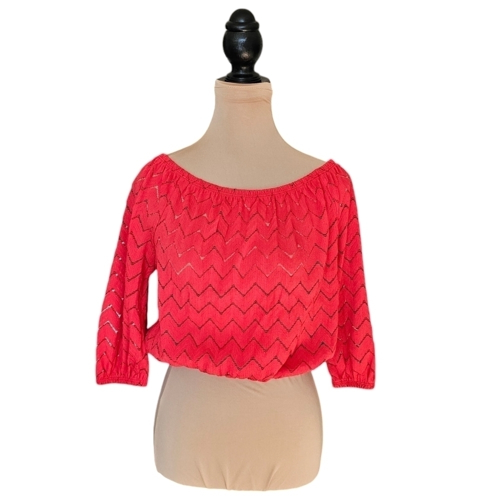 BeBe Red and Orange Zig Zag Patterned Blouse Sz S